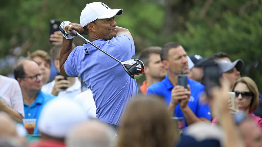 DUBLIN, OHIO - MAY 30: Tiger Woods watches his tee shot on the 15th hole during the first round of The Memorial Tournament Presented by Nationwide at Muirfield Village Golf Club on May 30, 2019 in Dublin, Ohio. (Photo by Andy Lyons/Getty Images)