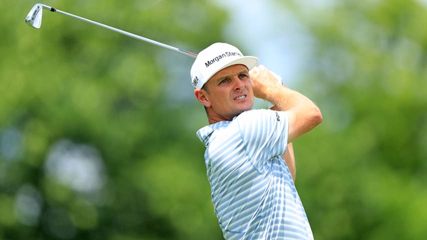 DUBLIN, OHIO - MAY 31: Justin Rose of England watches his tee shot on the fourth hole during the second round of The Memorial Tournament Presented by Nationwide at Muirfield Village Golf Club on May 31, 2019 in Dublin, Ohio. (Photo by Sam Greenwood/Getty Images)