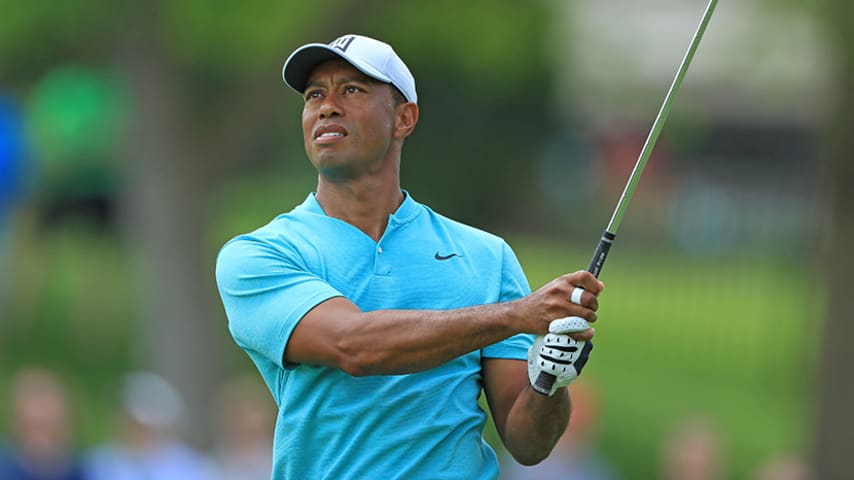 DUBLIN, OHIO - MAY 31: Tiger Woods watches his second shot on the third hole during the second round of The Memorial Tournament Presented by Nationwide at Muirfield Village Golf Club on May 31, 2019 in Dublin, Ohio. (Photo by Sam Greenwood/Getty Images)