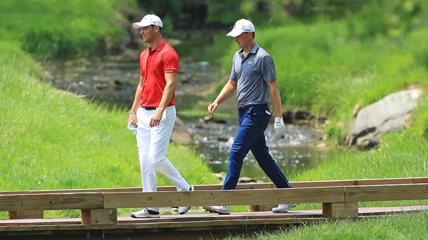 DUBLIN, OHIO - JUNE 01: Martin Kaymer of Germany and Jordan Spieth walk to the green on the third hole during the third round of The Memorial Tournament Presented by Nationwide at Muirfield Village Golf Club on June 01, 2019 in Dublin, Ohio. (Photo by Sam Greenwood/Getty Images)