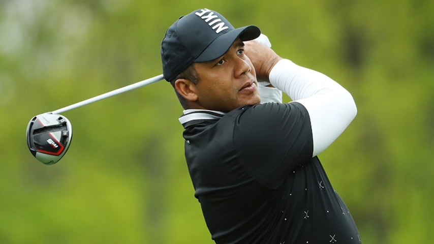BETHPAGE, NEW YORK - MAY 14: Jhonattan Vegas of Venezuela plays a tee shot during a practice round prior to the 2019 PGA Championship at the Bethpage Black course on May 14, 2019 in Bethpage, New York. (Photo by Warren Little/Getty Images)