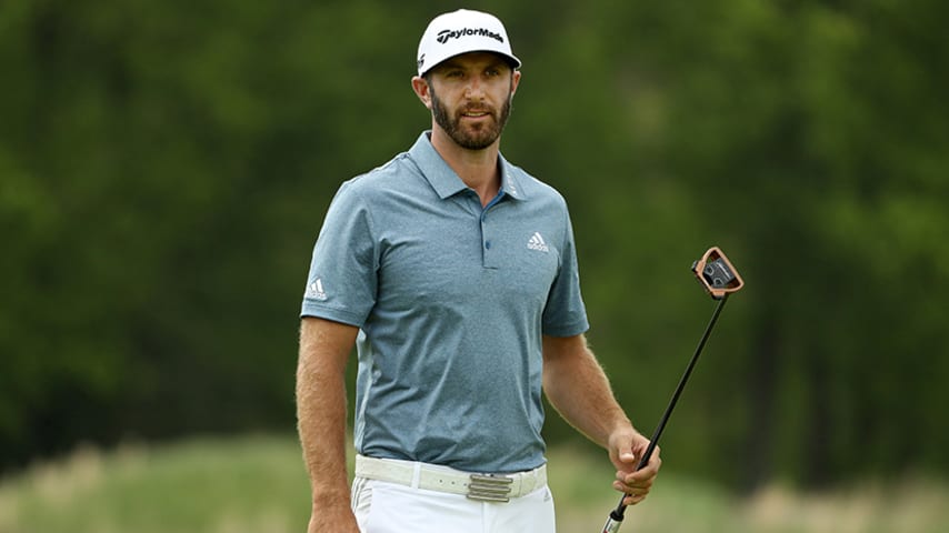 FARMINGDALE, NEW YORK - MAY 19: Dustin Johnson of the United States prepares to play a shot on the 11th green  during the final round of the 2019 PGA Championship at the Bethpage Black course on May 19, 2019 in Farmingdale, New York. (Photo by Patrick Smith/Getty Images)