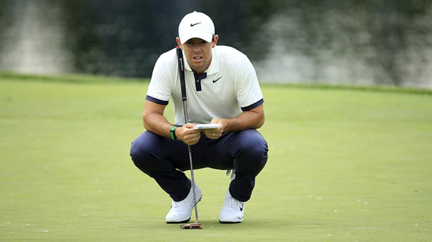 DUBLIN, OHIO - MAY 31: Rory McIlroy of Northern Ireland lines up a putt on the 16th hole during the second round of The Memorial Tournament Presented by Nationwide at Muirfield Village Golf Club on May 31, 2019 in Dublin, Ohio. (Photo by Andy Lyons/Getty Images)