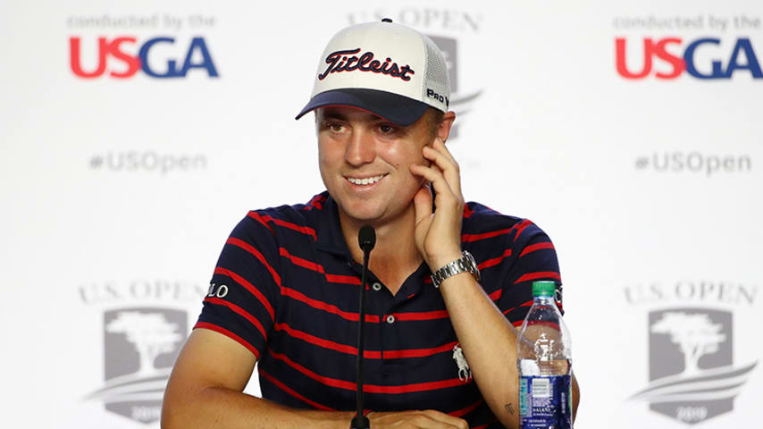 PEBBLE BEACH, CALIFORNIA - JUNE 10: Justin Thomas of the United States speaks to the media during a press conference prior to the 2019 U.S. Open at Pebble Beach Golf Links on June 10, 2019 in Pebble Beach, California. (Photo by Ezra Shaw/Getty Images)