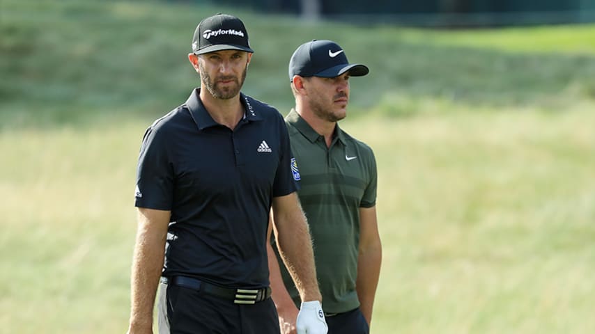 RIDGEWOOD, NJ - AUGUST 23:  Dustin Johnson of the United States and Brooks Koepka of the United States walk on the 13th hole during the first round of The Northern Trust on August 23, 2018 at the Ridgewood Championship Course in Ridgewood, New Jersey.  (Photo by Andrew Redington/Getty Images)