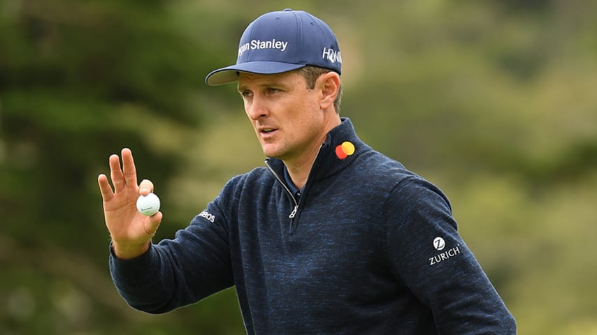 PEBBLE BEACH, CALIFORNIA - JUNE 14: Justin Rose of England waves to the crowd on the second green during the second round of the 2019 U.S. Open at Pebble Beach Golf Links on June 14, 2019 in Pebble Beach, California. (Photo by Ross Kinnaird/Getty Images)