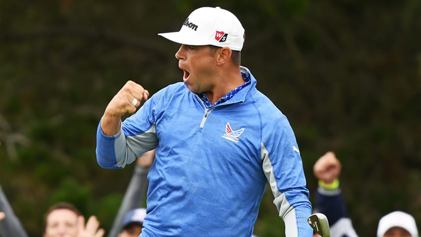 PEBBLE BEACH, CALIFORNIA - JUNE 15: Gary Woodland of the United States celebrates a par-saving putt on the 12th green during the third round of the 2019 U.S. Open at Pebble Beach Golf Links on June 15, 2019 in Pebble Beach, California. (Photo by Harry How/Getty Images)