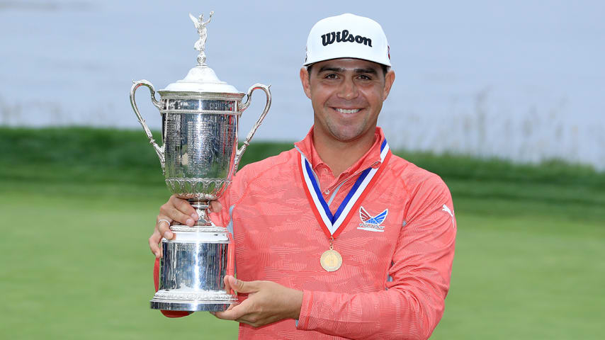 PEBBLE BEACH, CALIFORNIA - JUNE 16: Gary Woodland of the United States holds the U.S.Open trophy after his three shot victory in the final round of the 2019 U.S.Open Championship at the Pebble Beach Golf Links on June 16, 2019 in Pebble Beach, California. (Photo by David Cannon/Getty Images)