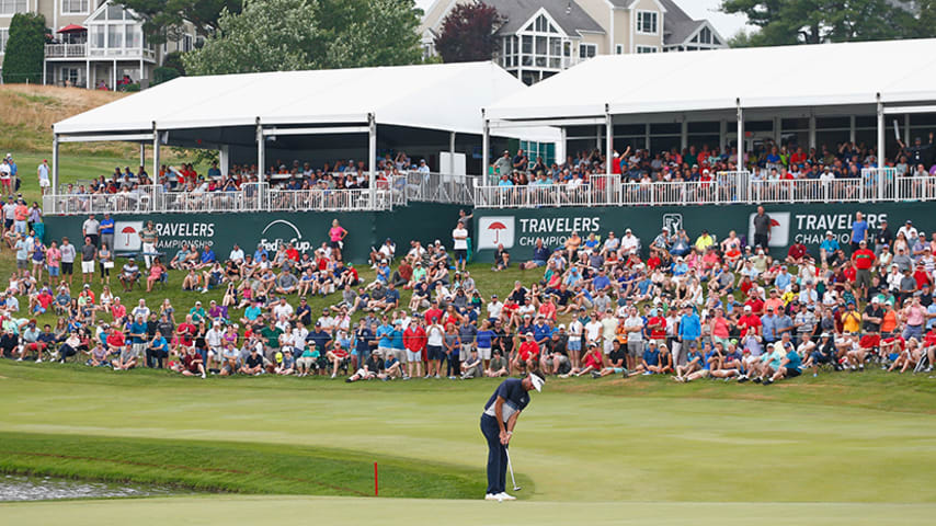 CROMWELL, CT - JUNE 24:  Bubba Watson misses a birdie putt on the 15th hole during the final round of the Travelers Championship at TPC River Highlands on June 24, 2018 in Cromwell, Connecticut.  (Photo by Matt Sullivan/Getty Images)