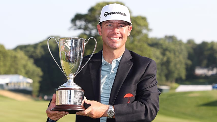 CROMWELL, CONNECTICUT - JUNE 23: Chez Reavie of the United States poses with the trophy after winning the Travelers Championship at TPC River Highlands on June 23, 2019 in Cromwell, Connecticut. (Photo by Rob Carr/Getty Images)