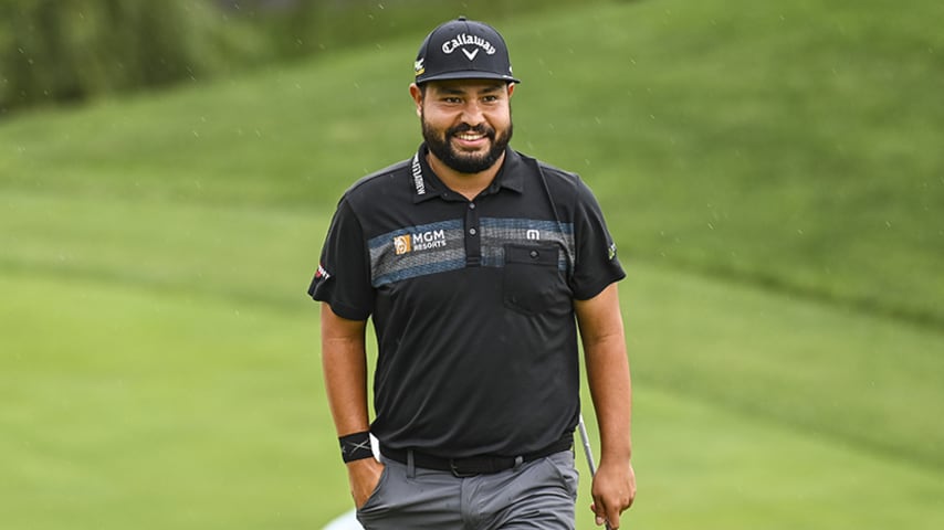 DUBLIN, OH - MAY 30:  J.J. Spaun smiles after making a birdie putt on the 18th hole green during the first round of the Memorial Tournament presented by Nationwide at Muirfield Village Golf Club on May 30, 2019 in Dublin, Ohio. (Photo by Keyur Khamar/PGA TOUR)