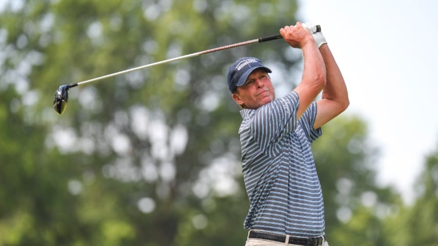 AKRON, OH - JULY 11: Steve Stricker plays his tee shot on the ninth hole during the first round of the PGA TOUR Champions Bridgestone SENIOR PLAYERS Championship at Firestone Country Club on July 11, 2019 in Akron, Ohio. (Photo by Stan Badz/PGA TOUR via Getty Images)