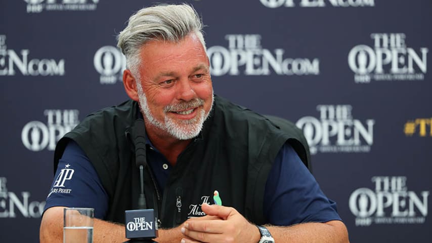 PORTRUSH, NORTHERN IRELAND - JULY 15: Darren Clarke of the Northern Ireland speaks to the media during a practice round prior to the 148th Open Championship held on the Dunluce Links at Royal Portrush Golf Club on July 15, 2019 in Portrush, United Kingdom. (Photo by Francois Nel/Getty Images)