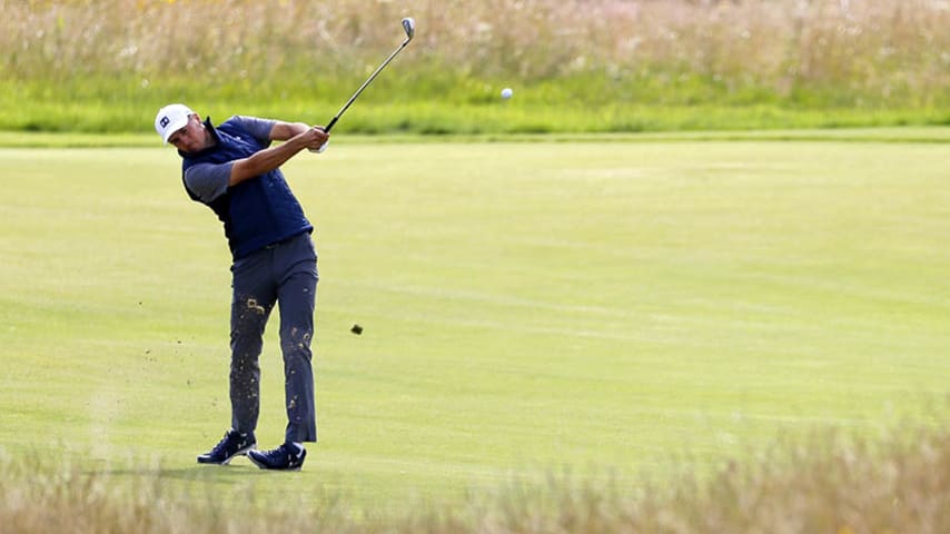 PORTRUSH, NORTHERN IRELAND - JULY 16: Jordan Spieth of the United States plays a shot during a practice round prior to the 148th Open Championship held on the Dunluce Links at Royal Portrush Golf Club on July 16, 2019 in Portrush, United Kingdom. (Photo by Kevin C. Cox/Getty Images)