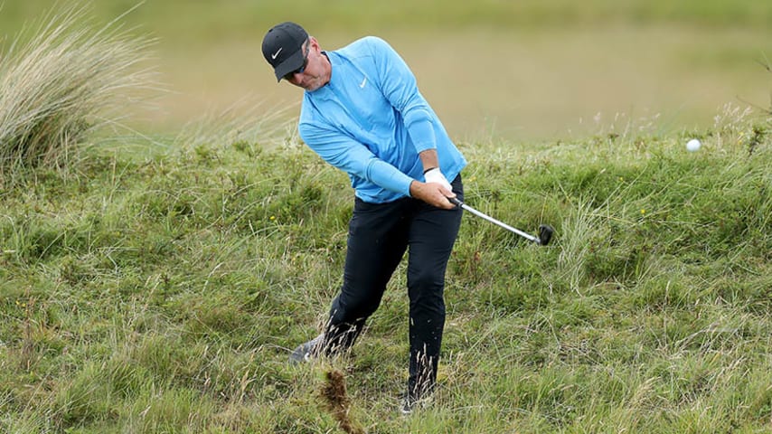 PORTRUSH, NORTHERN IRELAND - JULY 18: David Duval of the United States plays his second shot from the rough on the eighth hole during the first round of the 148th Open Championship held on the Dunluce Links at Royal Portrush Golf Club on July 18, 2019 in Portrush, United Kingdom. (Photo by David Cannon/Getty Images)