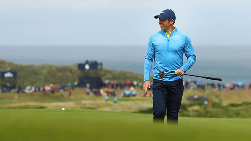 PORTRUSH, NORTHERN IRELAND - JULY 17: Rory McIlroy of Northern Ireland looks on during a practice round prior to the 148th Open Championship held on the Dunluce Links at Royal Portrush Golf Club on July 17, 2019 in Portrush, United Kingdom. (Photo by Francois Nel/Getty Images)