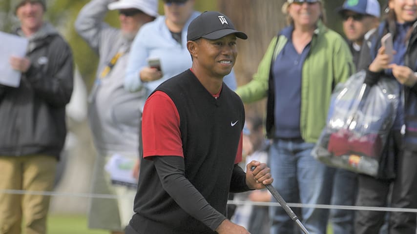 PACIFIC PALISADES, CA - FEBRUARY 17: Tiger Woods approaches the 11th hole during the final round of the Genesis Open at Riviera Country Club on February 17, 2019 in Pacific Palisades, California. (Photo by Stan Badz/PGA TOUR)