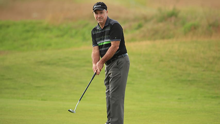 NORTH BERWICK, SCOTLAND - JULY 11: EDGA golfer Geoff Nicholas  plays a practice round during Day One of the Aberdeen Standard Investments Scottish Open at The Renaissance Club on July 11, 2019 in North Berwick, United Kingdom. (Photo by Andrew Redington/Getty Images)