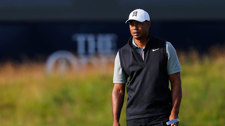 PORTRUSH, NORTHERN IRELAND - JULY 16: Tiger Woods of the United States looks on during a practice round prior to the 148th Open Championship held on the Dunluce Links at Royal Portrush Golf Club on July 16, 2019 in Portrush, United Kingdom. (Photo by Kevin C. Cox/Getty Images)