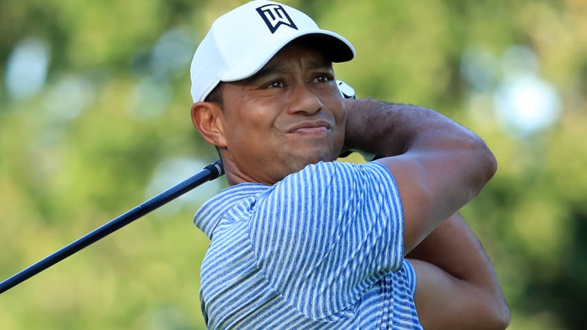 MEDINAH, ILLINOIS - AUGUST 13: Tiger Woods of the USA in action during practice for the BMW Championship at Medinah Country Club on August 13, 2019 in Medinah, Illinois. (Photo by Andrew Redington/Getty Images)