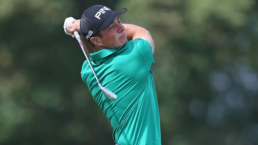 COLUMBUS, OHIO - AUGUST 15: Viktor Hovland of Norway watches his tee shot on the 13th hole during the first round of the Nationwide Children's Hospital Championship at The Ohio State University Golf Club Scarlet Course on August 15, 2019 in Columbus, Ohio. (Photo by Matt Sullivan/Getty Images)