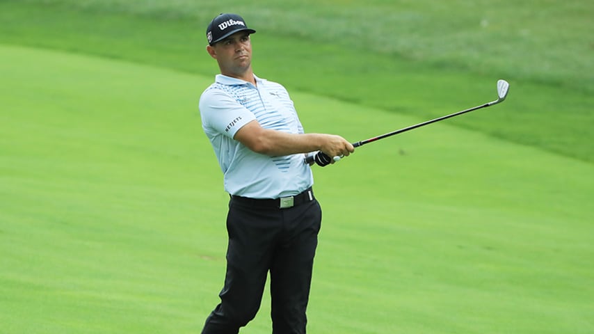 MEDINAH, ILLINOIS - AUGUST 17: Gary Woodland of the United States plays a shot on the 14th hole during the third round of the BMW Championship at Medinah Country Club No. 3 on August 17, 2019 in Medinah, Illinois. (Photo by Sam Greenwood/Getty Images)