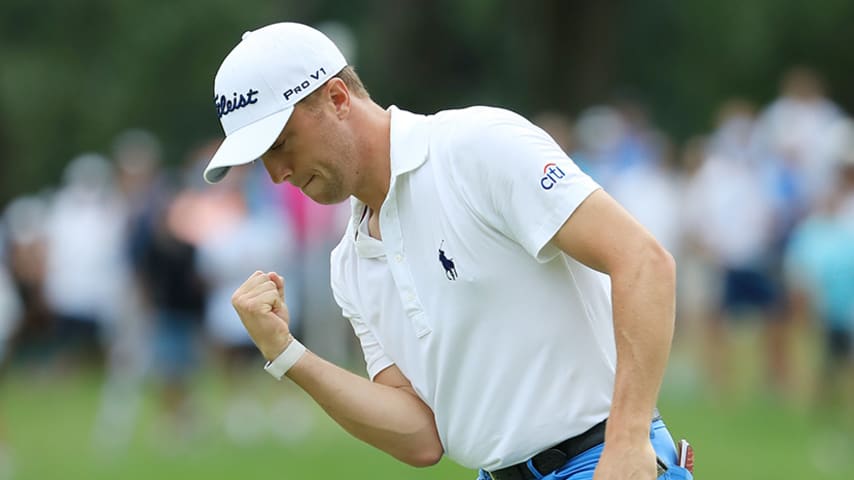 MEDINAH, ILLINOIS - AUGUST 18: Justin Thomas of the United States reacts to his par on the 12th hole during the final round of the BMW Championship at Medinah Country Club No. 3 on August 18, 2019 in Medinah, Illinois. (Photo by Sam Greenwood/Getty Images)