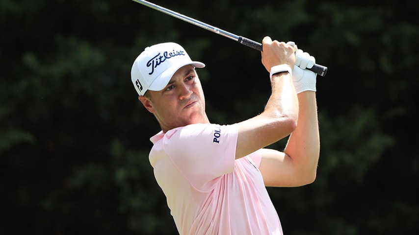 ATLANTA, GEORGIA - AUGUST 22: Justin Thomas of the United States plays his shot from the eighth tee during the first round of the TOUR Championship at East Lake Golf Club on August 22, 2019 in Atlanta, Georgia. (Photo by Sam Greenwood/Getty Images)