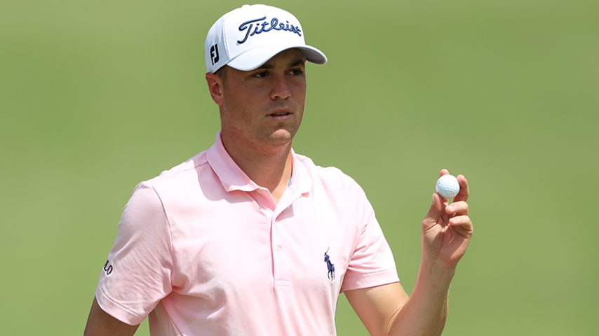 ATLANTA, GEORGIA - AUGUST 22: Justin Thomas of the United States reacts after saving par on the seventh hole during the first round of the TOUR Championship at East Lake Golf Club on August 22, 2019 in Atlanta, Georgia. (Photo by Sam Greenwood/Getty Images)