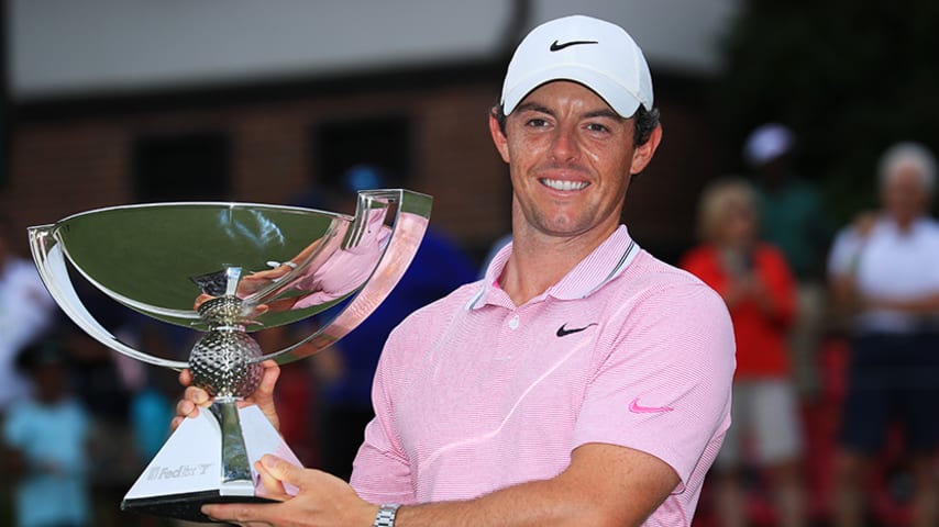 ATLANTA, GEORGIA - AUGUST 25: Rory McIlroy of Northern Ireland celebrates with the FedExCup trophy after winning during the final round of the TOUR Championship at East Lake Golf Club on August 25, 2019 in Atlanta, Georgia. (Photo by Sam Greenwood/Getty Images)