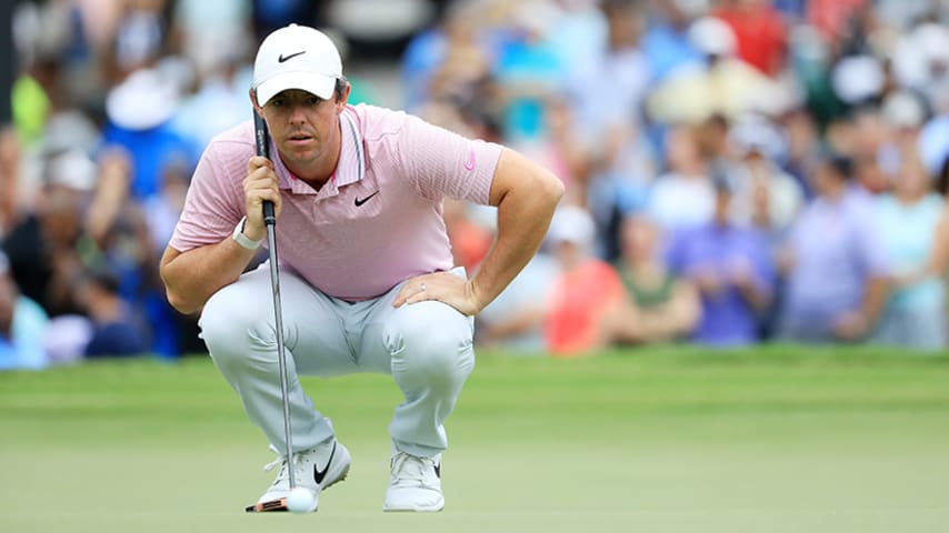 ATLANTA, GEORGIA - AUGUST 25: Rory McIlroy of Northern Ireland lines up a putt on the 17th green during the final round of the TOUR Championship at East Lake Golf Club on August 25, 2019 in Atlanta, Georgia. (Photo by Streeter Lecka/Getty Images)