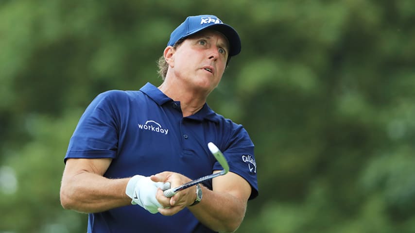 MEDINAH, ILLINOIS - AUGUST 17: Phil Mickelson of the United States plays a shot on the 15th hole during the third round of the BMW Championship at Medinah Country Club No. 3 on August 17, 2019 in Medinah, Illinois. (Photo by Sam Greenwood/Getty Images)