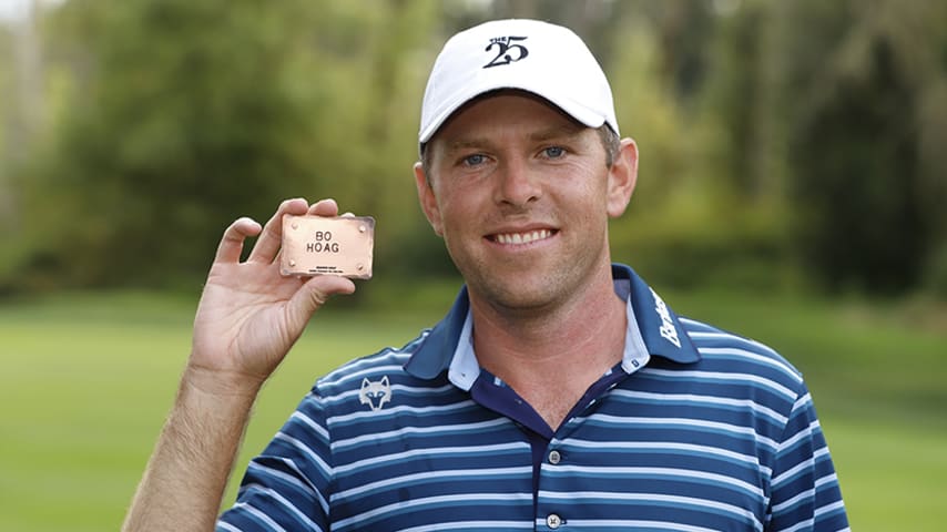 PORTLAND, OREGON - AUGUST 11: Bo Hoag holds up his PGA Tour card during the "The 25" ceremony after the final round of the WinCo Foods Portland Open presented by KraftHeinz at Pumpkin Ridge Ridge Golf Club on August 11, 2019 in Portland, Oregon. (Photo by Steve Dykes/Getty Images)