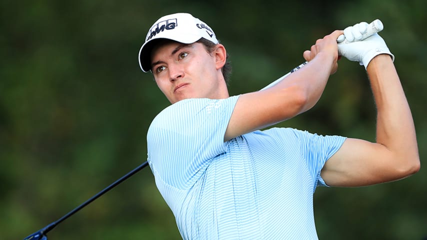 HUMBLE, TEXAS - OCTOBER 10: Maverick McNealy of the United States plays his shot from the 13th tee during the first round of the Houston Open at the Golf Club of Houston on October 10, 2019 in Humble, Texas. (Photo by Sam Greenwood/Getty Images)