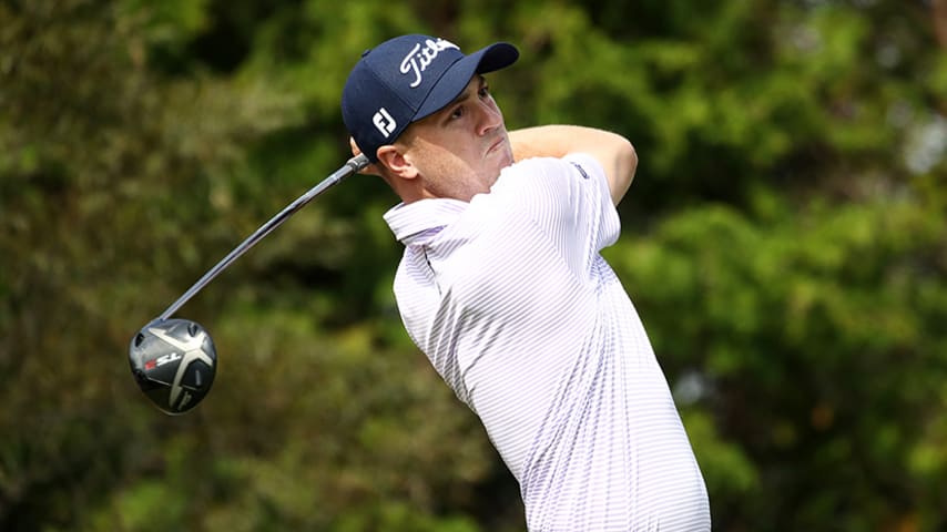 JEJU, SOUTH KOREA - OCTOBER 17: Justin Thomas of the United States hits his tee shot on the 3rd hole during the first round of the CJ Cup @Nine Bridges at the Club at Nine Bridges on October 17, 2019 in Jeju, South Korea. (Photo by Chung Sung-Jun/Getty Images)