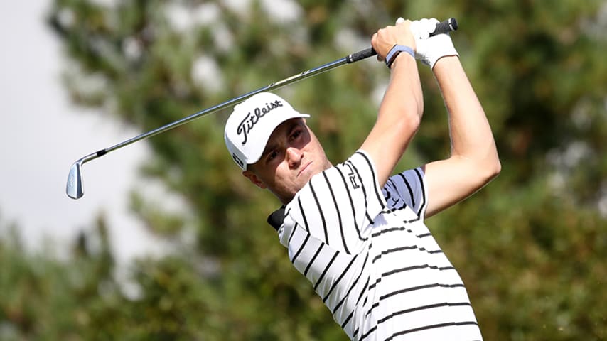 JEJU, SOUTH KOREA - OCTOBER 19: Justin Thomas of the United States hits his tee shot on the 4th hole during the third round of the CJ Cup @Nine Bridges at the Club a Nine Bridges on October 19, 2019 in Jeju, South Korea. (Photo by Chung Sung-Jun/Getty Images)