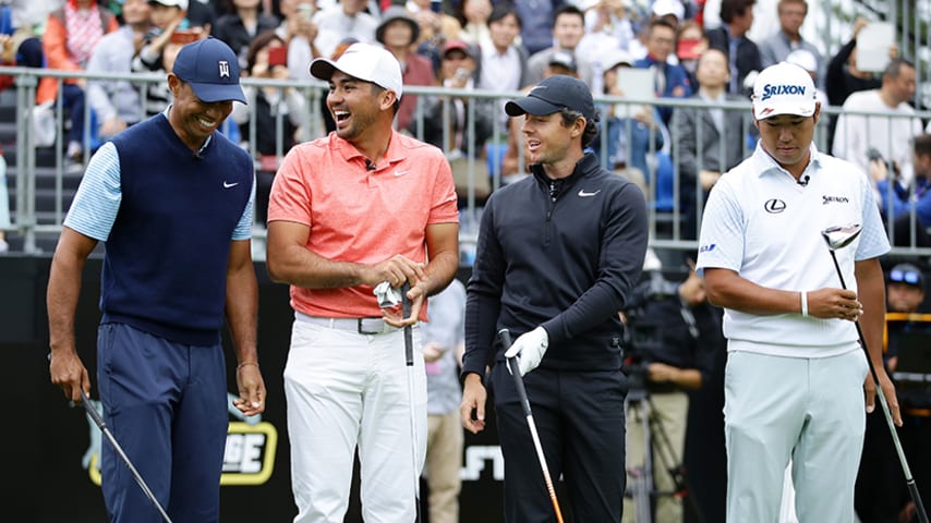 INZAI, JAPAN - OCTOBER 21: Tiger Woods of the United States, Jason Day of Australia, Rory McIlroy of Northern Ireland and Hideki Matsuyama of Japan line up on the first tee during The Challenge: Japan Skins at Accordia Golf Narashino Country Club on October 21, 2019 in Inzai, Chiba, Japan. (Photo by Richard Heathcote/Getty Images)