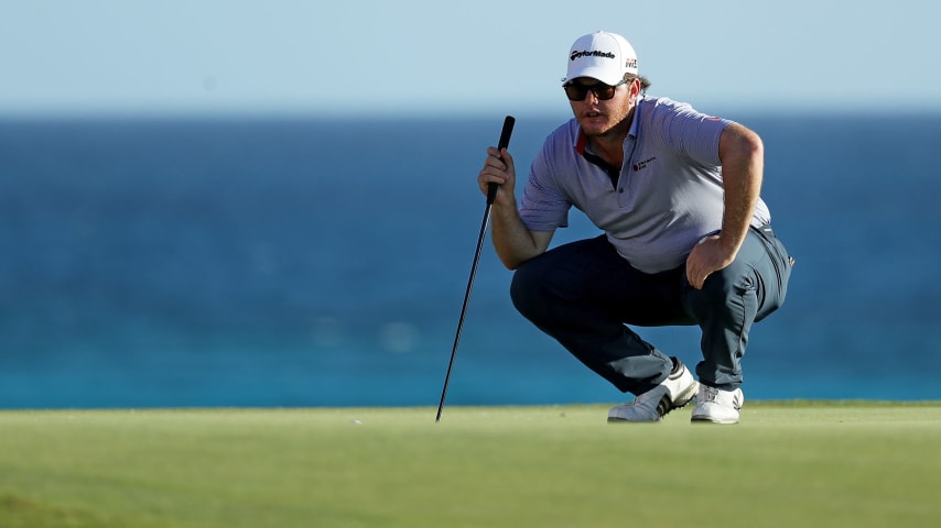 SOUTHAMPTON, BERMUDA - NOVEMBER 02: Harry Higgs of the United States lines up a putt on the 16th green during the third round of the Bermuda Championship at Port Royal Golf Course on November 02, 2019 in Southampton, Bermuda. (Photo by Rob Carr/Getty Images)