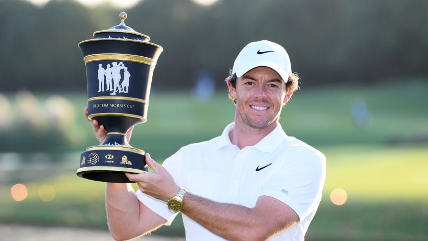 SHANGHAI, CHINA - NOVEMBER 03: Rory McIlroy of Northern Ireland with the Old Tom Morris Cup after the final round of the WGC HSBC Champions at Sheshan International Golf Club on November 03, 2019 in Shanghai, China. (Photo by Ross Kinnaird/Getty Images)