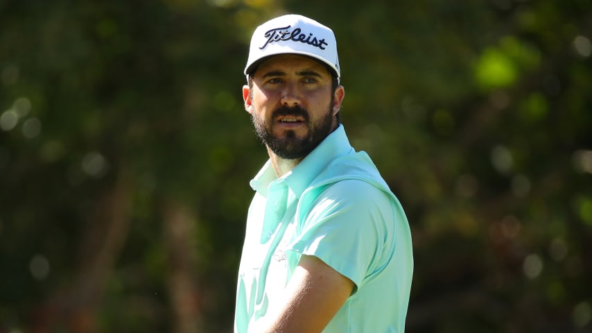 PLAYA DEL CARMEN, MEXICO - NOVEMBER 16: Mark Hubbard of the United States reacts to his shot from the seventh tee during the second round of the Mayakoba Golf Classic at El Camaleon Mayakoba Golf Course on November 16, 2019 in Playa del Carmen, Mexico. (Photo by Gregory Shamus/Getty Images)