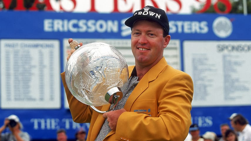 MELBOURNE, AUSTRALIA - FEBRUARY 15:  Bradley Hughes of Australia holds aloft the trophy after winning the Australian Masters Golf Tournament held at the Huntingdale Golf Club February 15, 1998 in Melbourne, Australia. (Photo by Getty Images)