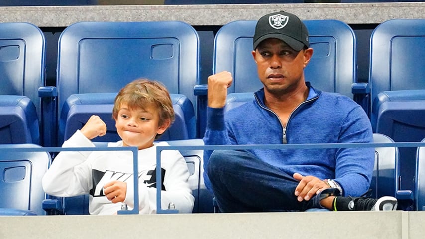 NEW YORK, NY - SEPTEMBER 02: Tiger Woods and his son Charlie Axel Woods cheer on Rafael Nadal at 2019 US Open in New York City.  (Photo by Gotham/GC Images)