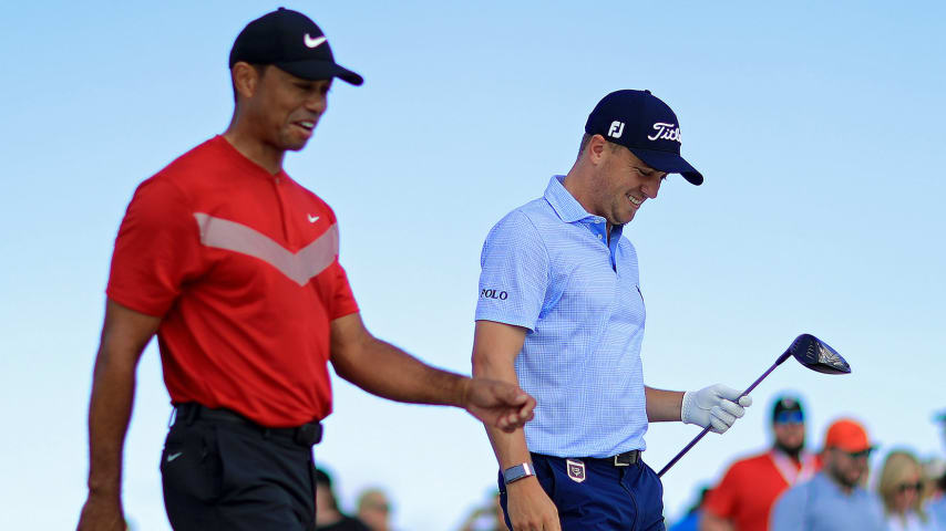 NASSAU, BAHAMAS - DECEMBER 07: Tiger Woods and Justin Thomas of the United States walk off the first hole during the final round of the Hero World Challenge at Albany on December 07, 2019 in Nassau, Bahamas. (Photo by Mike Ehrmann/Getty Images)