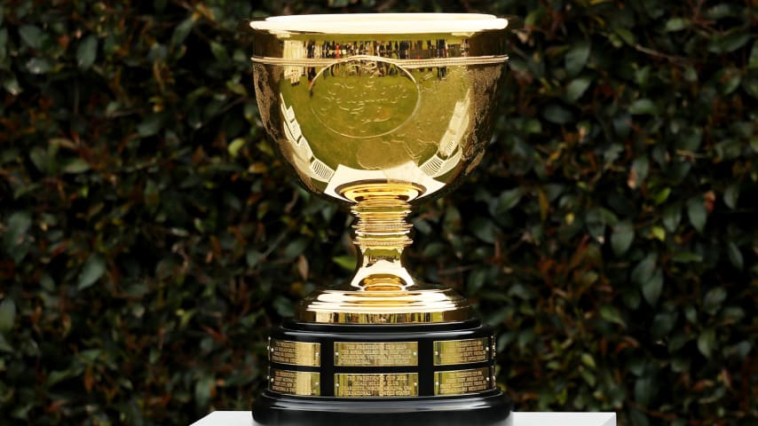 MELBOURNE, AUSTRALIA - DECEMBER 11: A general view of the trophy during the United States team photo ahead of the 2019 Presidents Cup at Royal Melbourne Golf Course on December 11, 2019 in Melbourne, Australia. (Photo by Rob Carr/Getty Images)