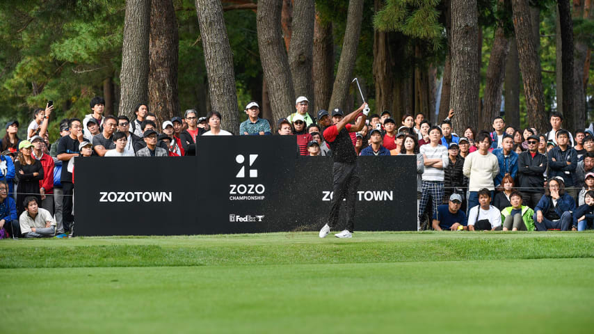 CHIBA, JAPAN - OCTOBER 27: Tiger Woods tees off on the second tee box during the final round of The ZOZO Championship at Accordia Golf Narashino Country Club on October 26, 2019 in Chiba, Japan. (Photo by Ben Jared/PGA TOUR via Getty Images)