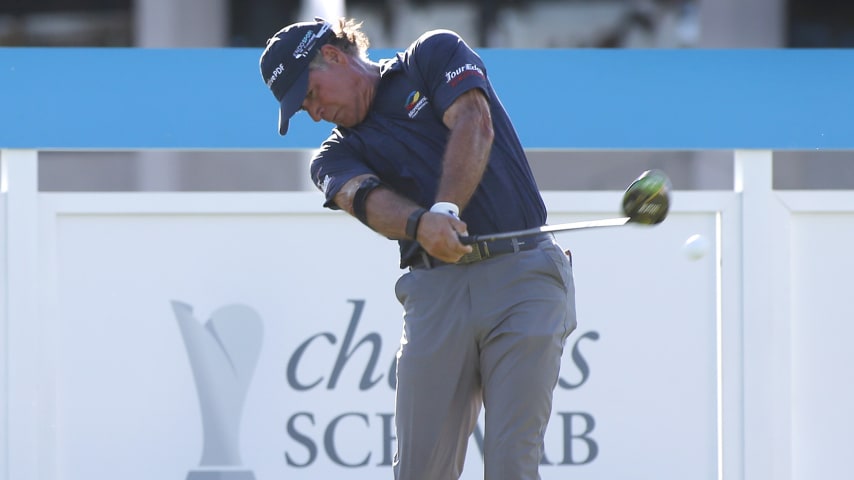 PHOENIX, ARIZONA - NOVEMBER 07: Scott McCarron hits a tee shot on the tenth hole during the first round of the Charles Schwab Cup Championship at Phoenix Country Club on November 07, 2019 in Phoenix, Arizona. (Photo by Ralph Freso/Getty Images)