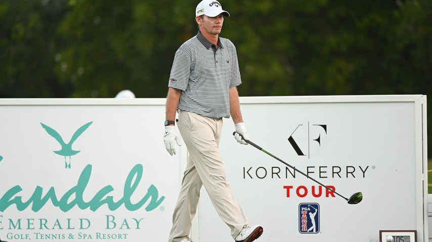 GREAT EXUMA, BAHAMAS - JANUARY 12: Tommy Gainey walks over his ball on the first tee during the first round of the Korn Ferry Tour's The Bahamas Great Exuma Classic at Sandals Emerald Bay golf course on January 12, 2020 in Great Exuma, Bahamas. (Photo by Ben Jared/PGA TOUR via Getty Images)