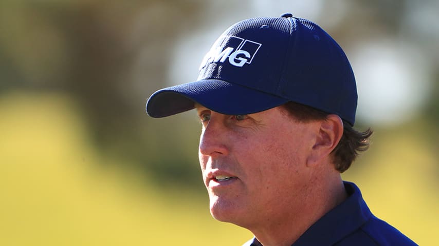 LAS VEGAS, NEVADA - OCTOBER 03: Phil Mickelson looks on from the 16th green during the first round of the Shriners Hospitals for Children Open at TPC Summerlin on October 3, 2019 in Las Vegas, Nevada. (Photo by Tom Pennington/Getty Images)