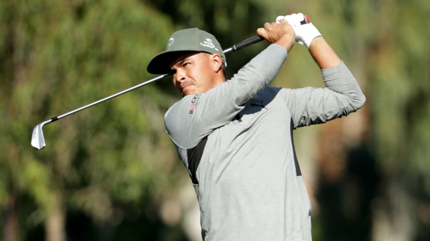 LA QUINTA, CALIFORNIA - JANUARY 16: Rickie Fowler plays his second shot on the sixth hole during the first round of The American Express tournament at La Quinta Country Club on January 16, 2020 in La Quinta, California. (Photo by Jeff Gross/Getty Images)