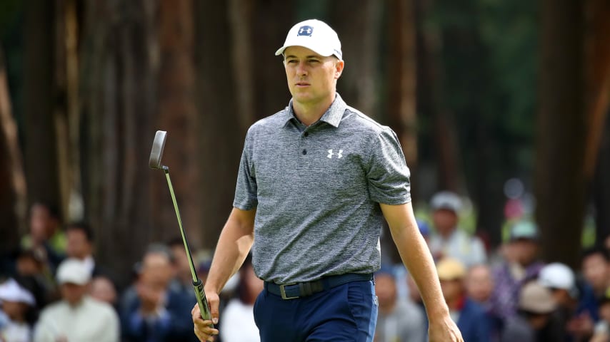 INZAI, JAPAN - OCTOBER 24: Jordan Spieth of the United States reacts on the 7th green during the first round of the ZOZO Championship at Accordia Golf Narashino Country Club on October 24, 2019 in Inzai, Chiba, Japan. (Photo by Chung Sung-Jun/Getty Images)